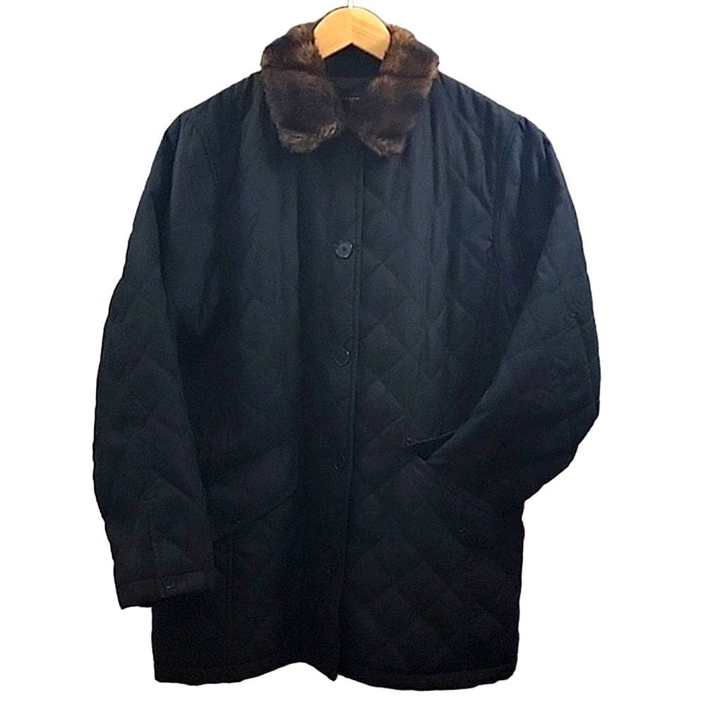 Lauren Ralph Lauren Quilted  Faux Fur Collared Button Down Coat Jacket Black Med